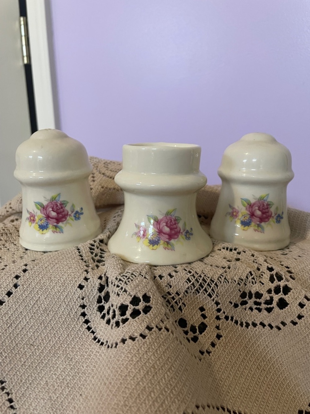 Vintage Floral Ceramic Salt and Pepper Shakers with egg cup - Cream Pink